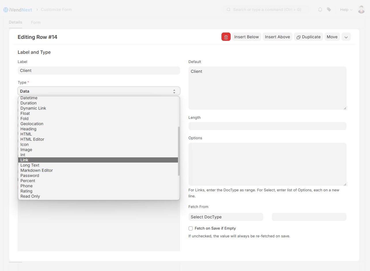 Customize Form - Customer Fields - Client - Link